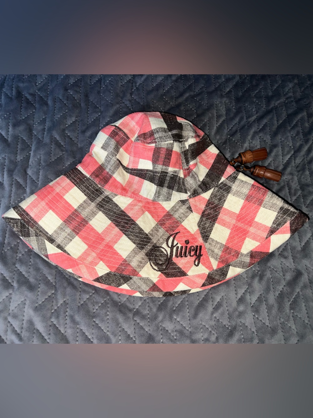 Juicy Couture Linen Pink Plaid Women’s Hat w/ Tassels summer Y2K vintage